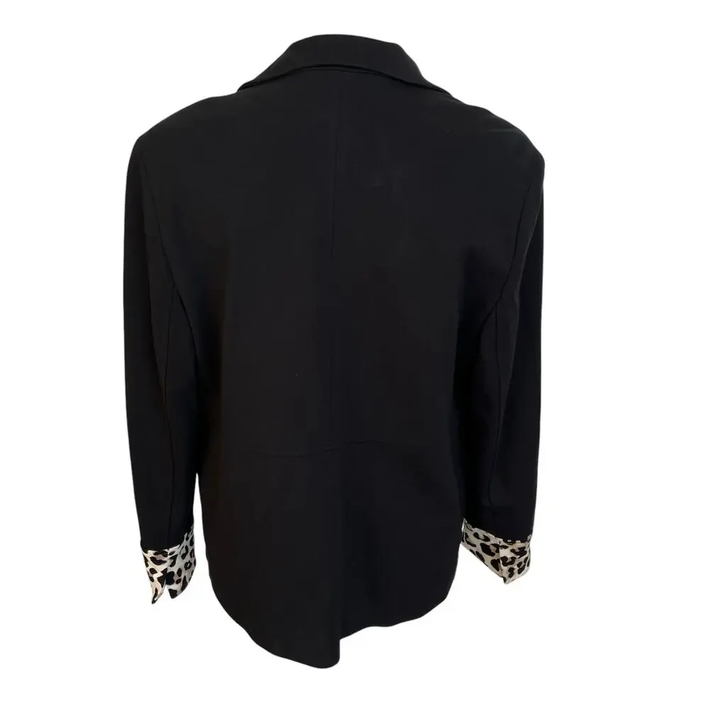 Chico's Jacket Women's 2P Large Petite Black Leopard Trim Military Open Lined
